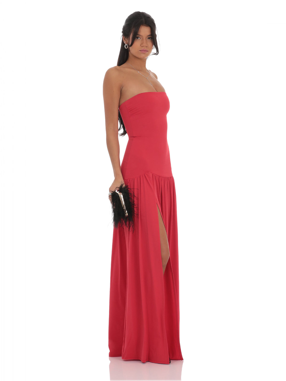 Red bridesmaid dress with structured woven fabric construction and maxi hem