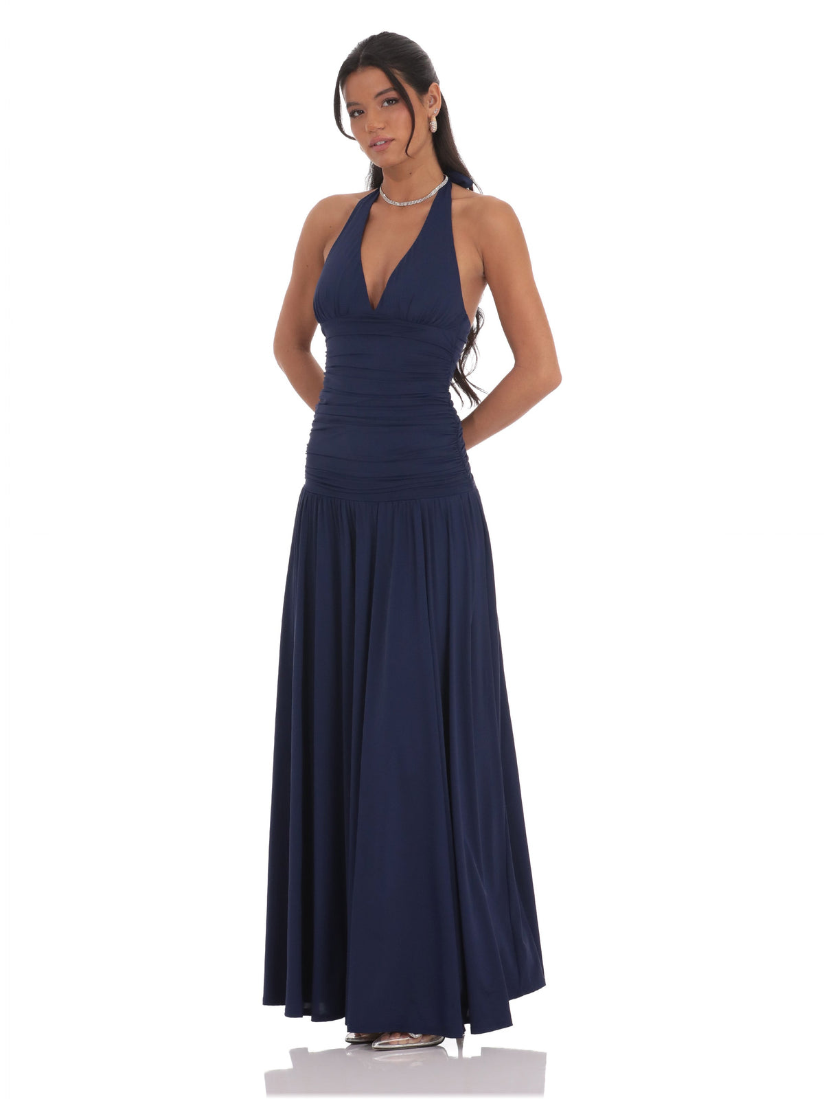 Navy bridesmaid dress with structured woven fabric construction and maxi hem