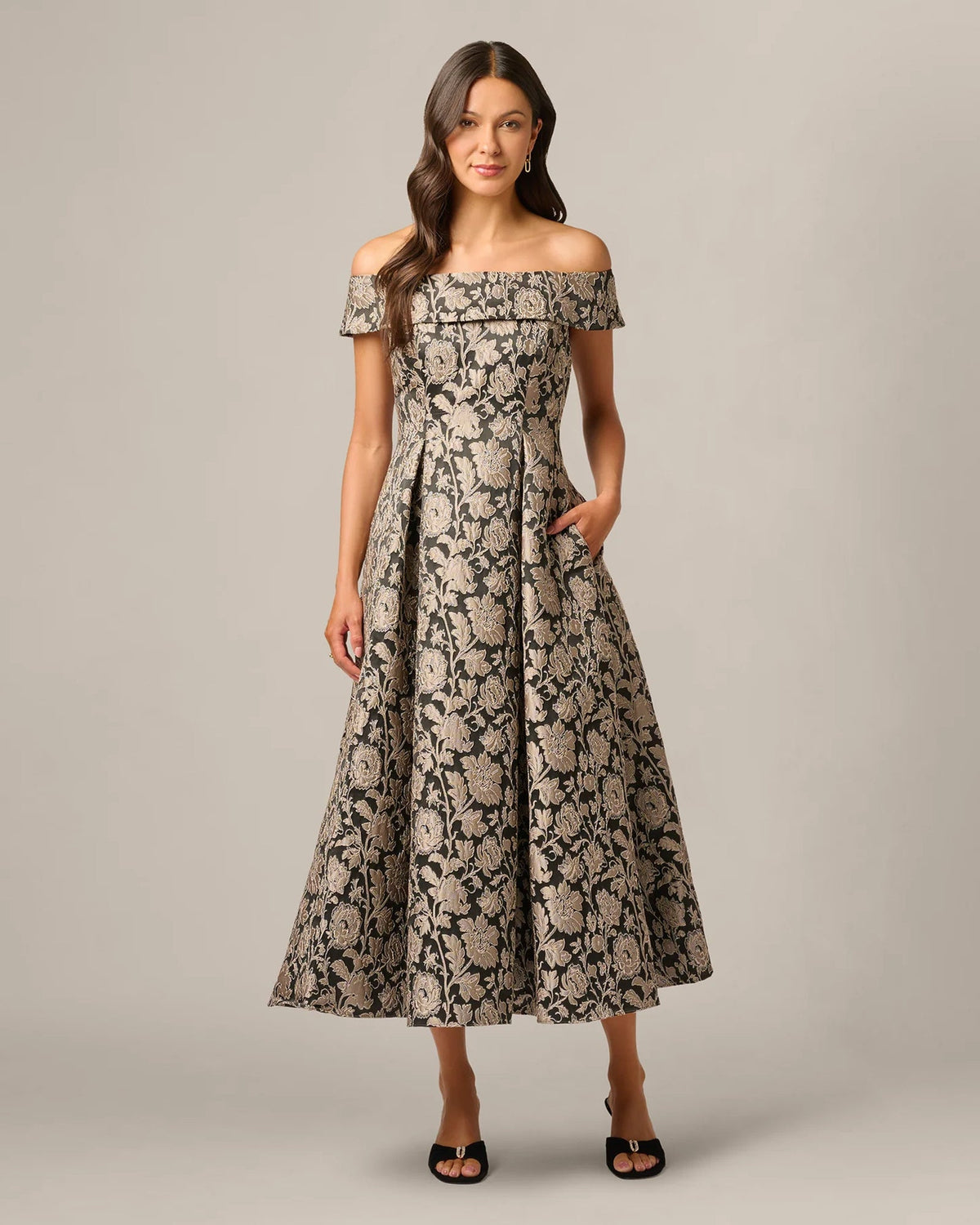 Off-shoulder A-line maxi dress in black with taupe floral embroidery, front full view