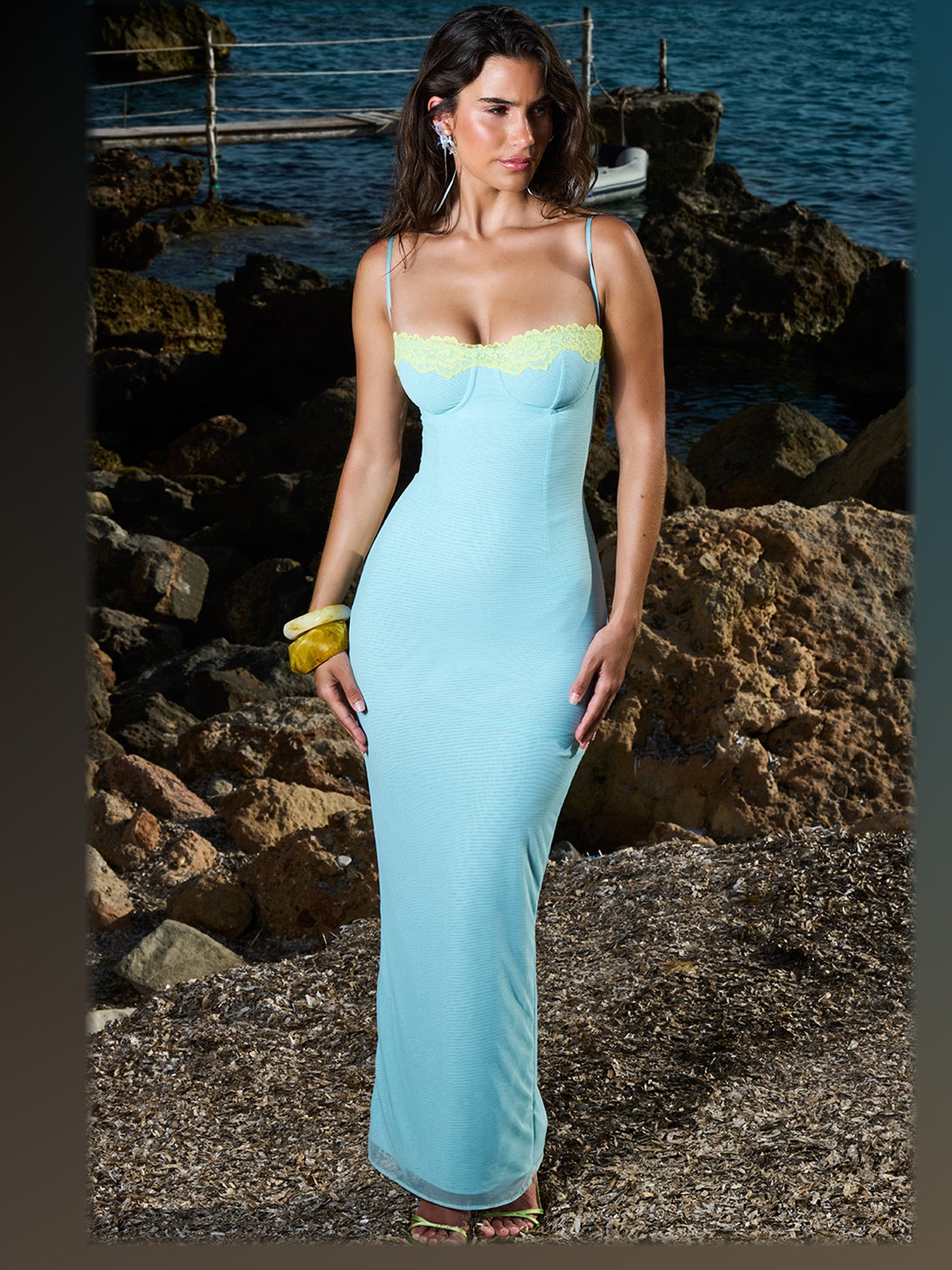 Ocean Blue maxi formal dress, alternate full-length view showing the waistline