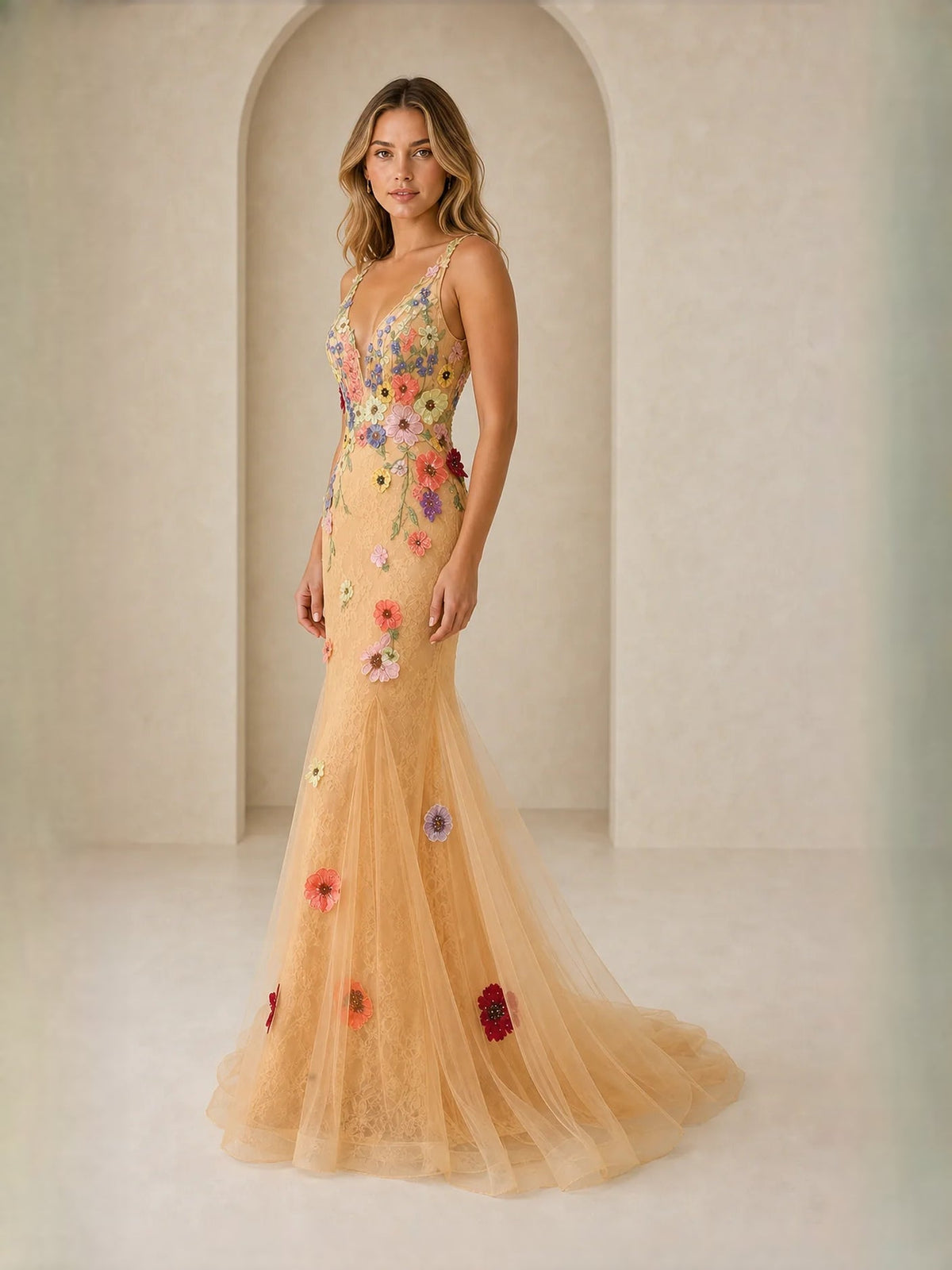 Peach tulle mermaid prom dress with floral appliques and spaghetti straps, full length