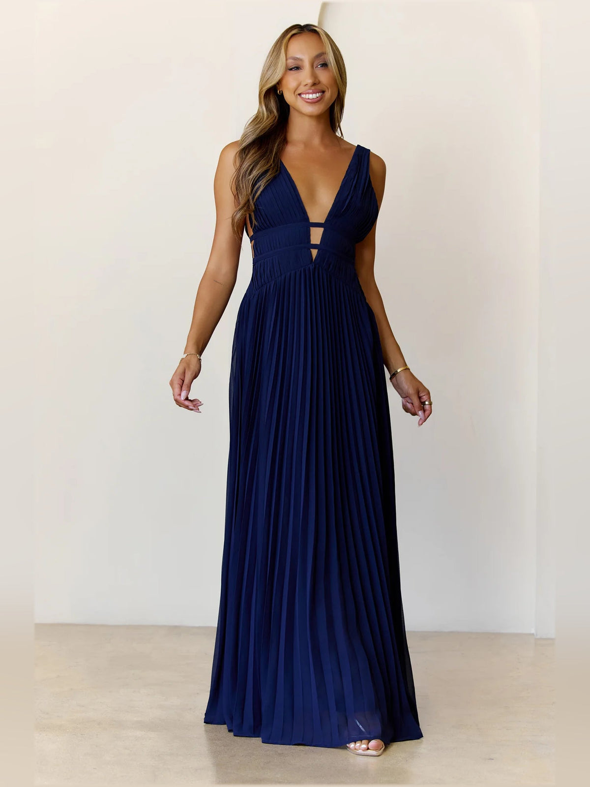 Navy a-line maxi formal dress with pleated skirt, alternate view