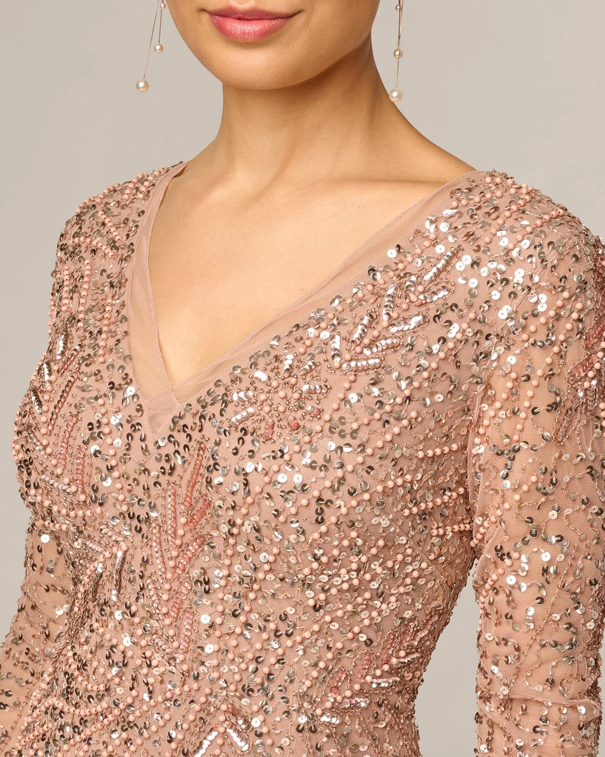 Rose gold sequin V-neck long-sleeve bodice with sparkling beadwork