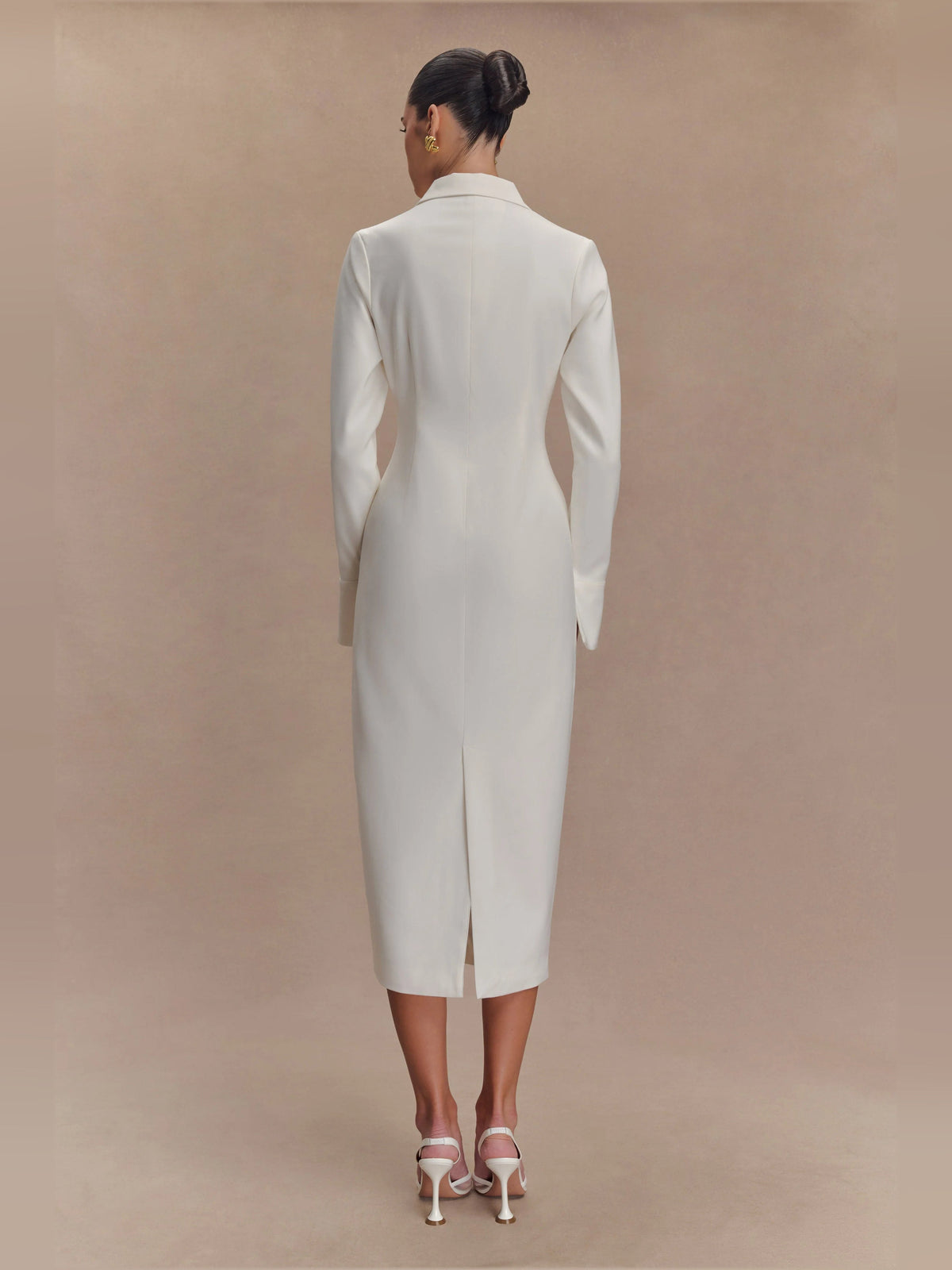 White fitted midi shirt dress back view, long sleeves with center-back seam