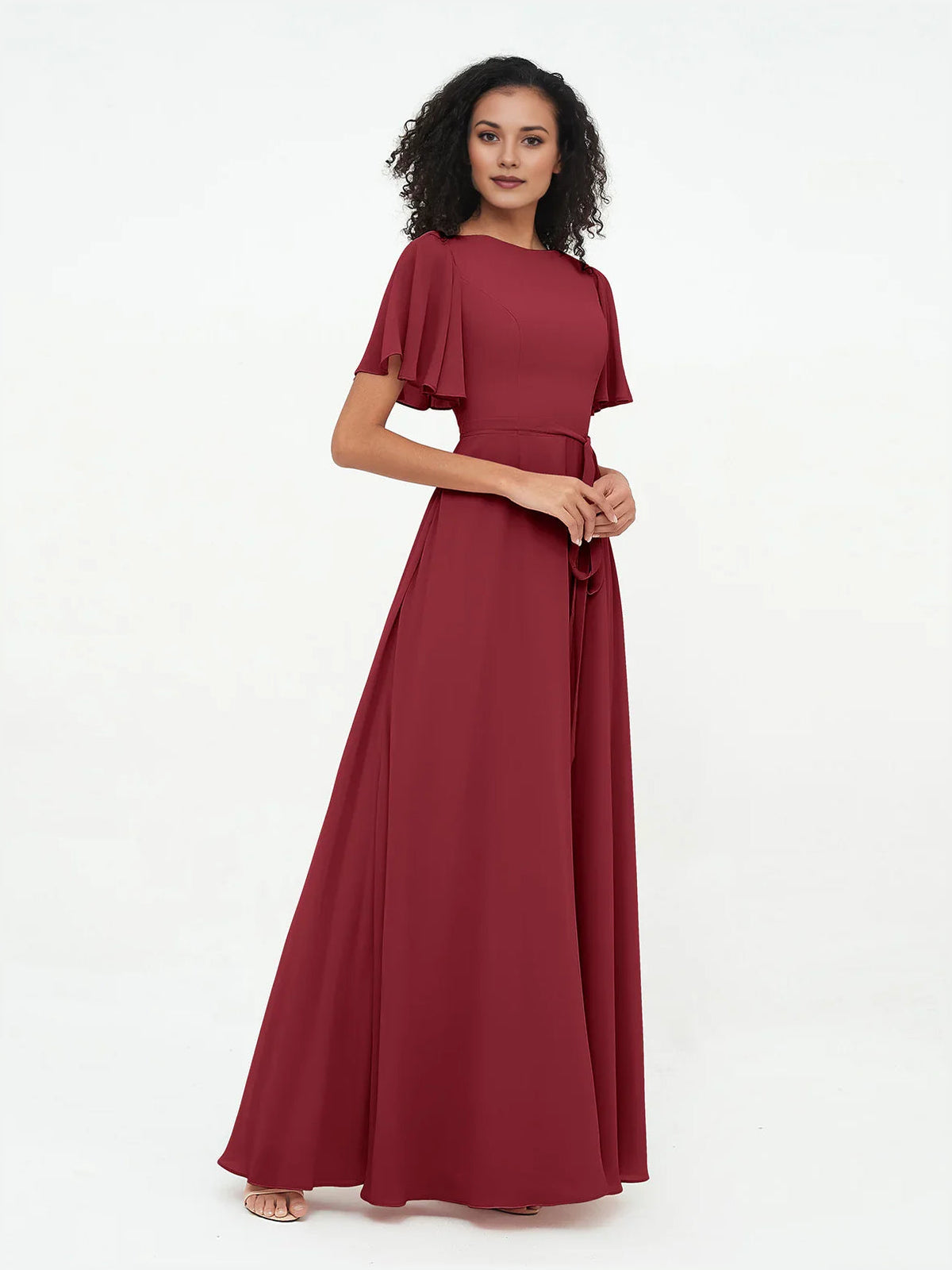Burgundy boat-neck A-line maxi chiffon bridesmaid dress with sash-tie belt