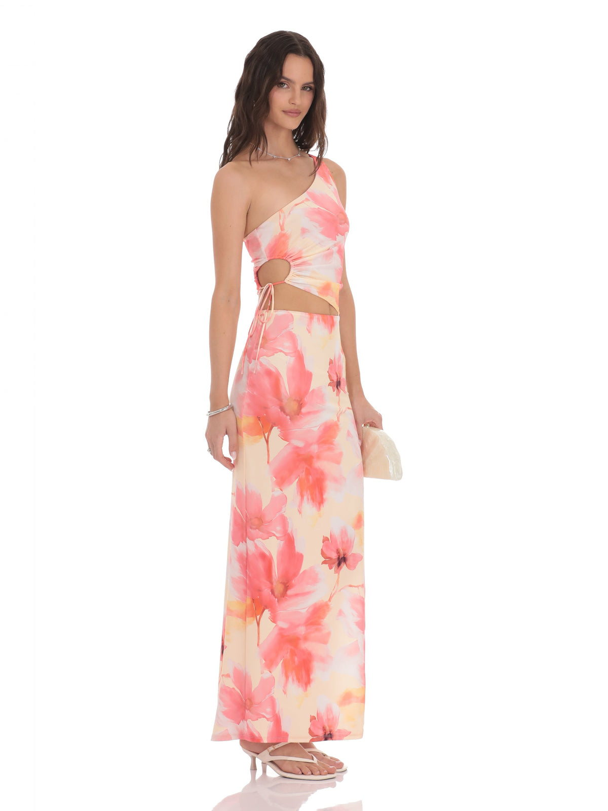 Orange bridesmaid dress with structured woven fabric construction and maxi hem