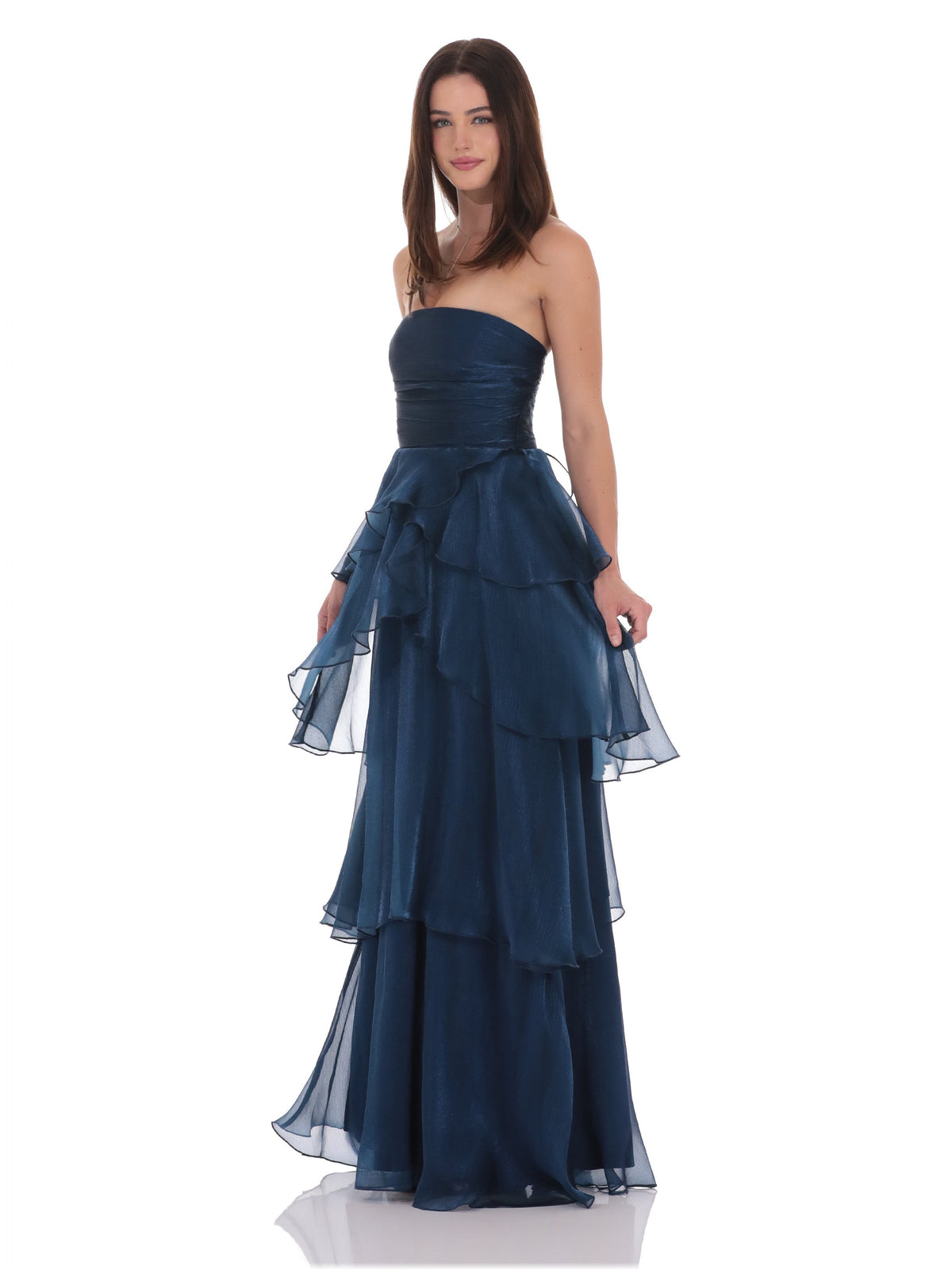 Navy bridesmaid dress with structured woven fabric construction and maxi hem