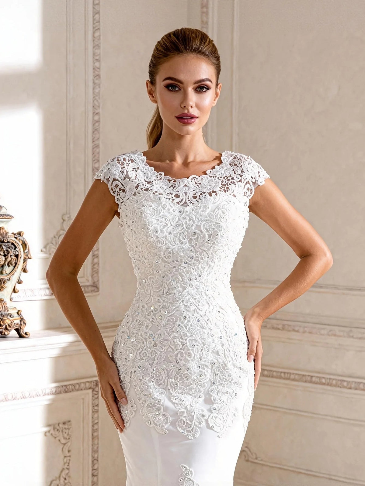Ivory lace corset wedding dress with bateau neckline and fitted mermaid silhouette
