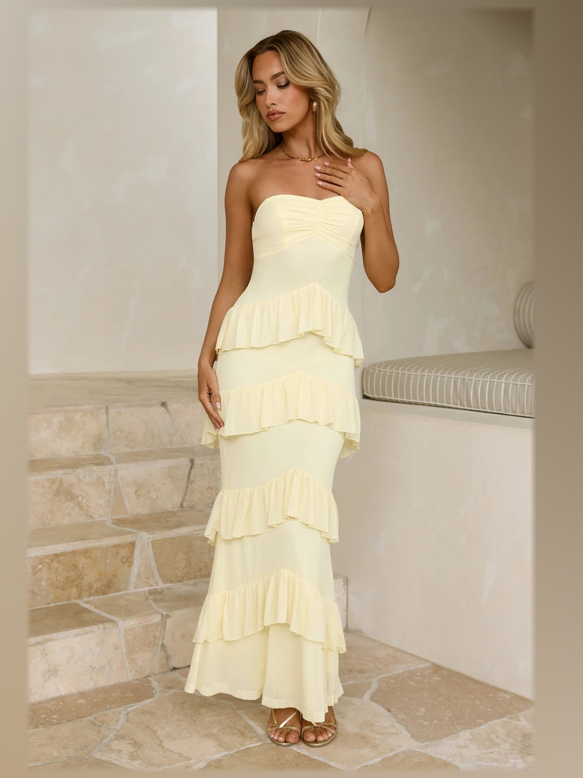 Lemon Yellow maxi formal dress, alternate full-length view showing the waistline
