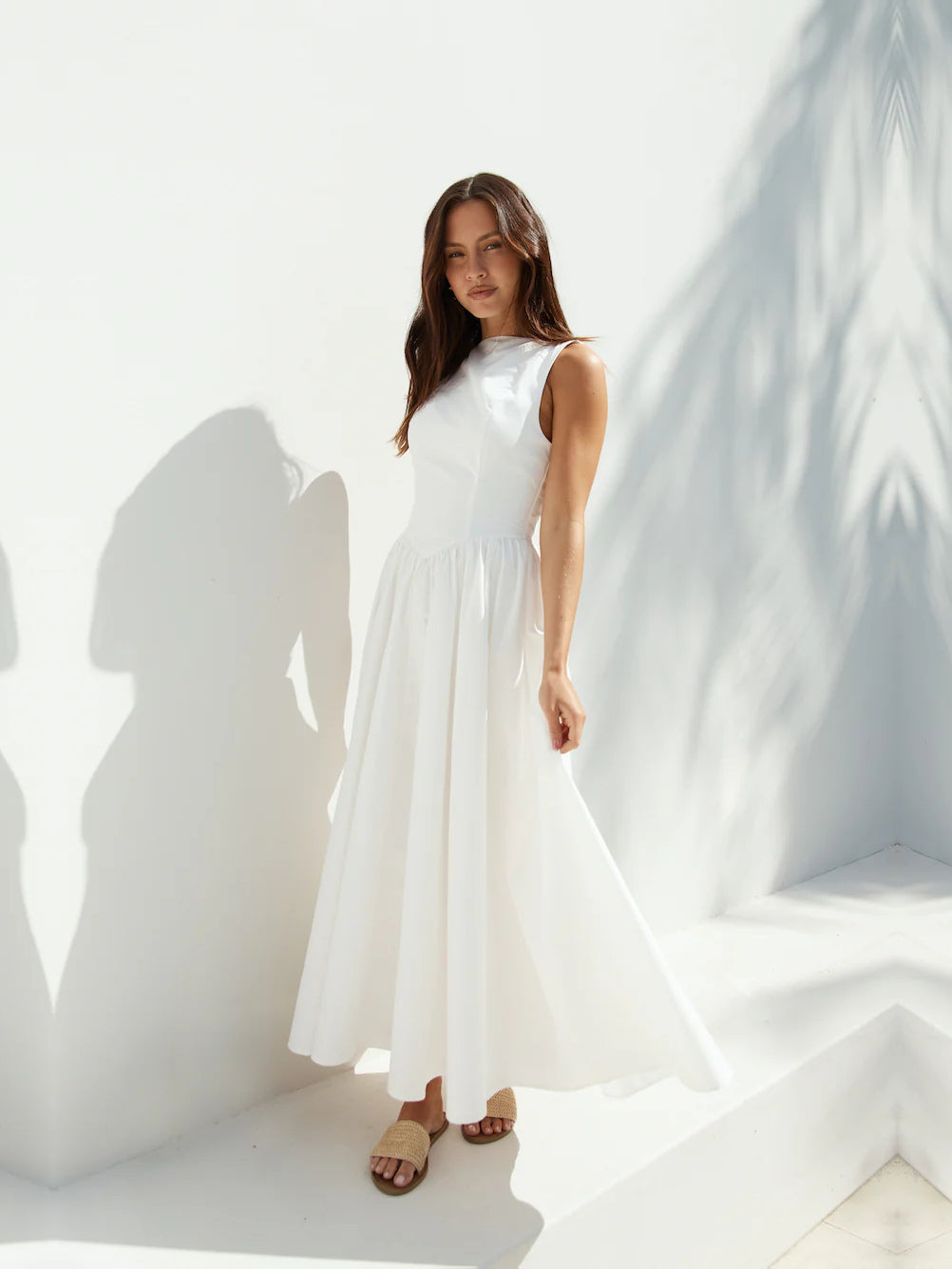 White a-line maxi formal dress with square neckline, alternate view