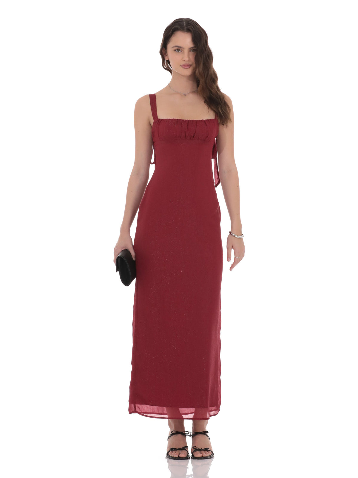 Maroon bridesmaid dress with structured woven fabric construction and maxi hem