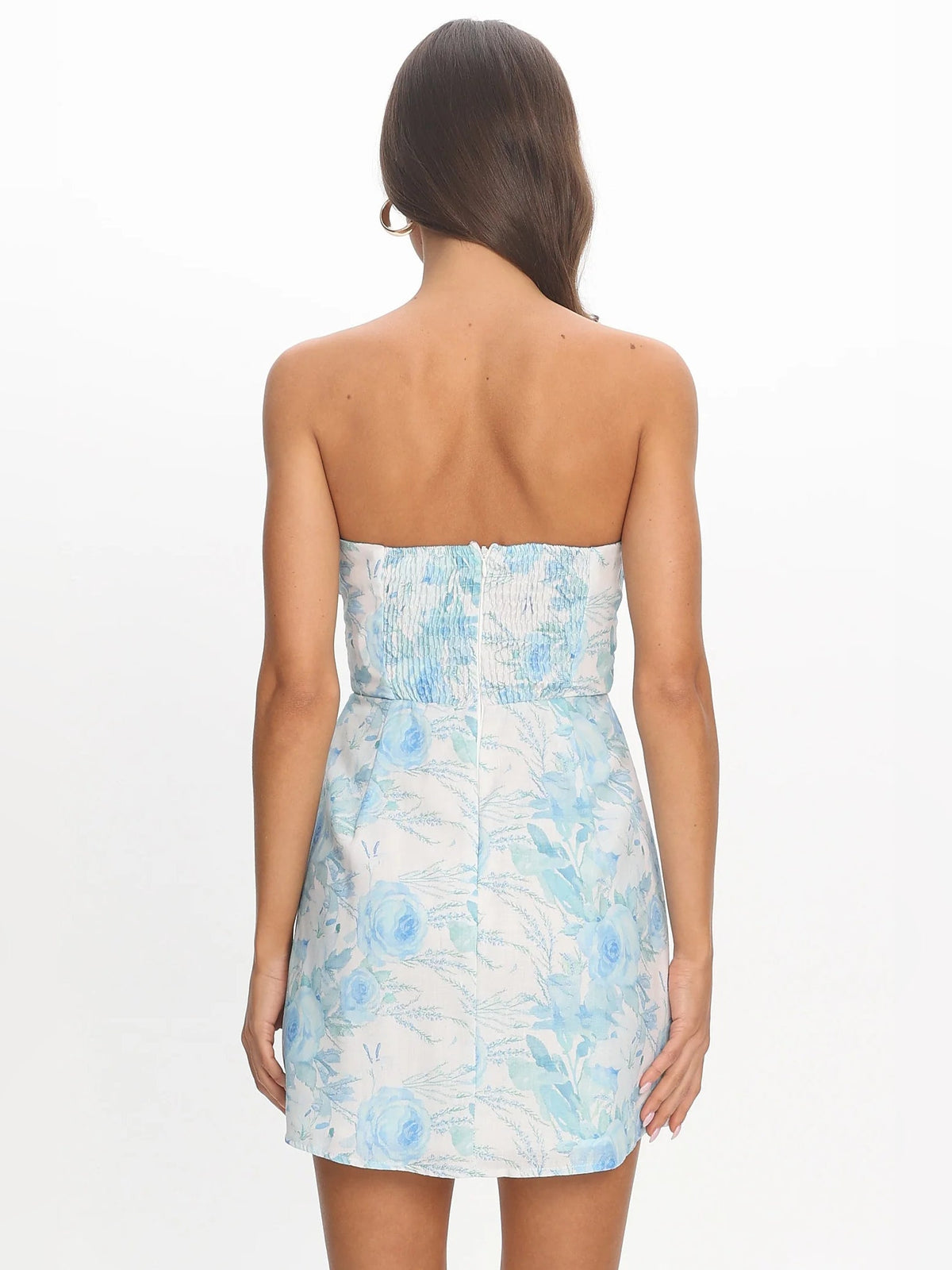Back view of light blue floral strapless mini homecoming dress