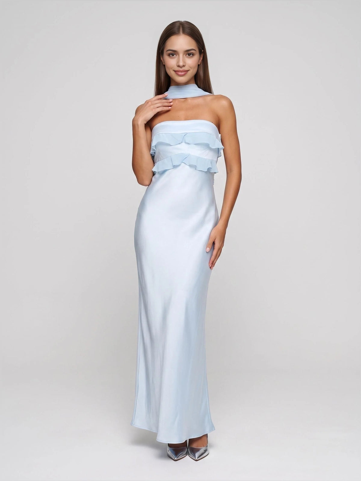 Sky blue satin strapless mermaid bridesmaid gown with tiered ruffle bodice