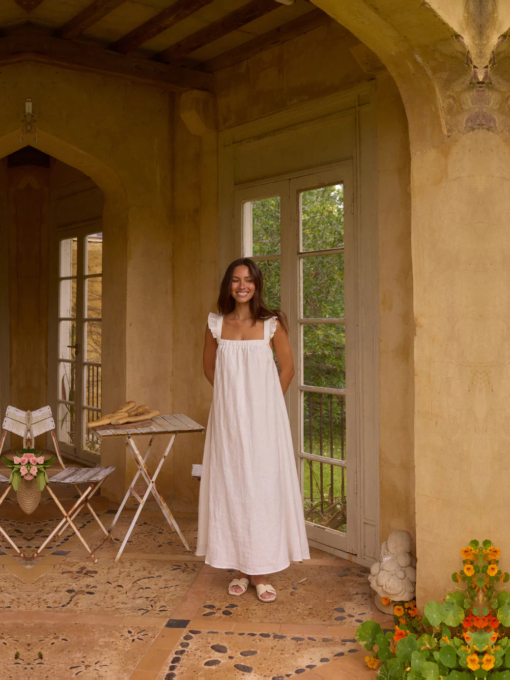 White a-line maxi formal dress with square neckline, alternate view