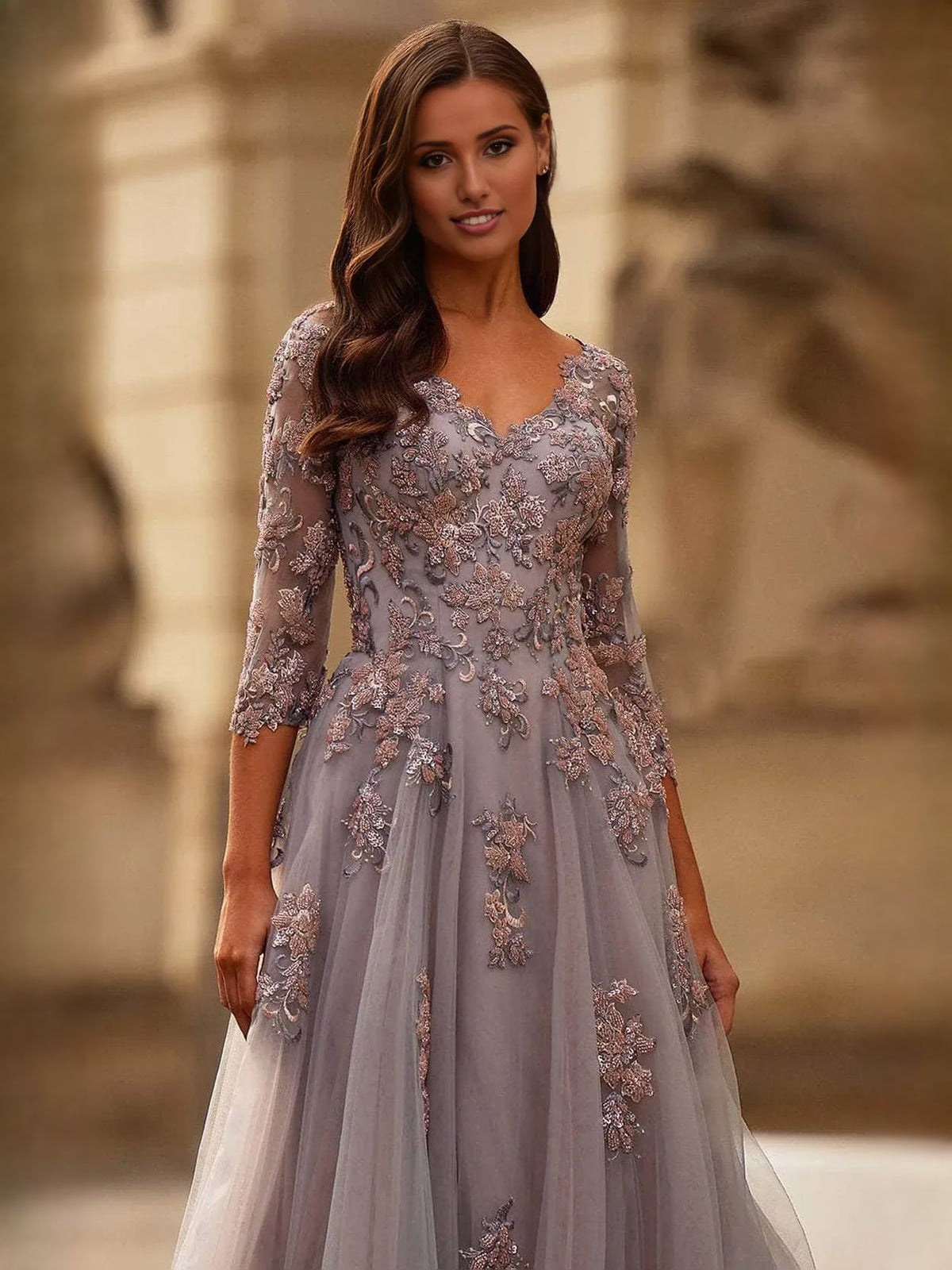Floral appliqué floor-length V-neck formal dress in dusty mauve