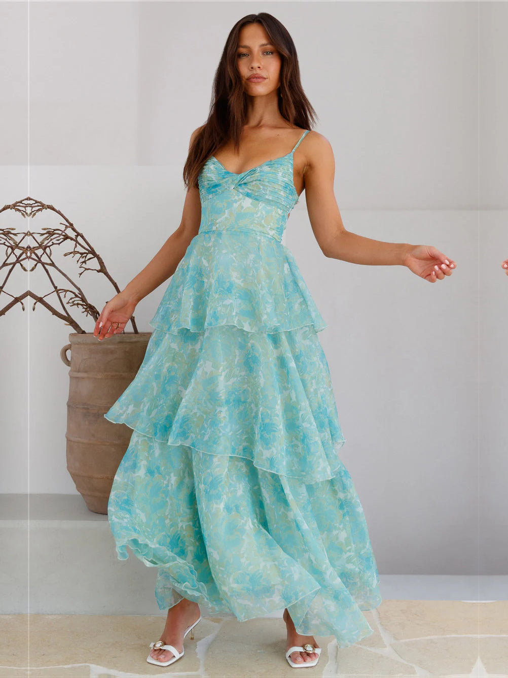 Mint a-line maxi formal dress with floral print, alternate view