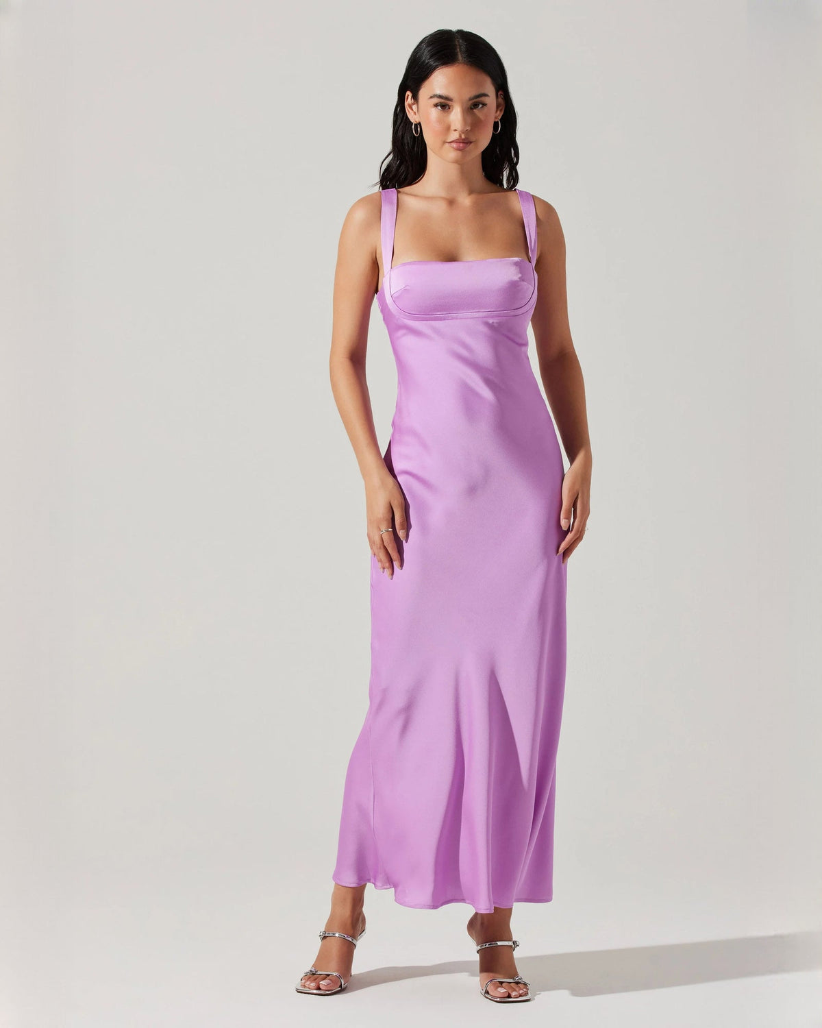 Lilac satin sleeveless A-line maxi dress with square neckline and long skirt
