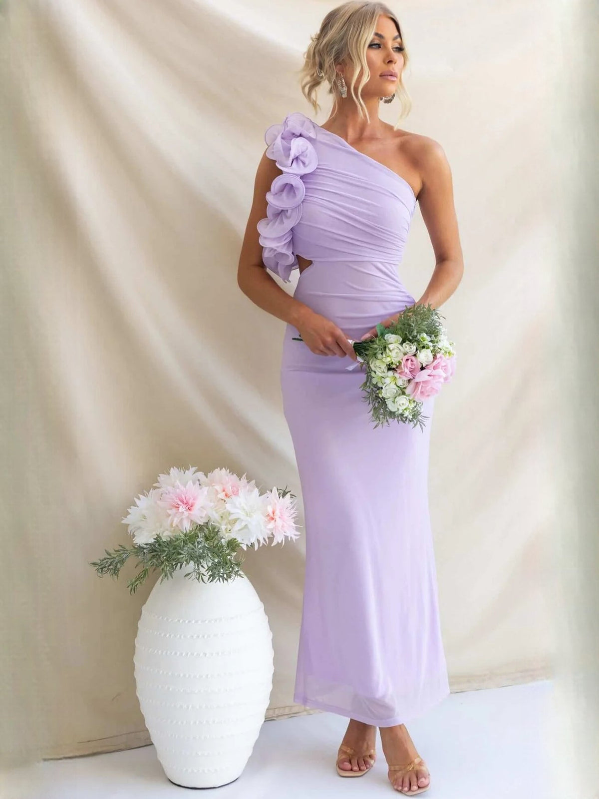Purple sheath maxi formal dress with ruffle details, alternate full-length view