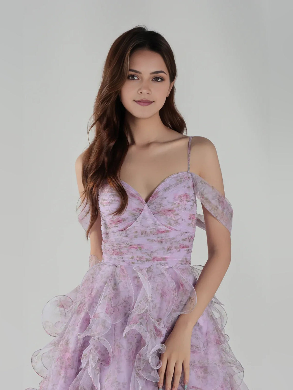 Light purple tulle mini dress with sweetheart corset neckline, ruched bodice, off-shoulder ruffles