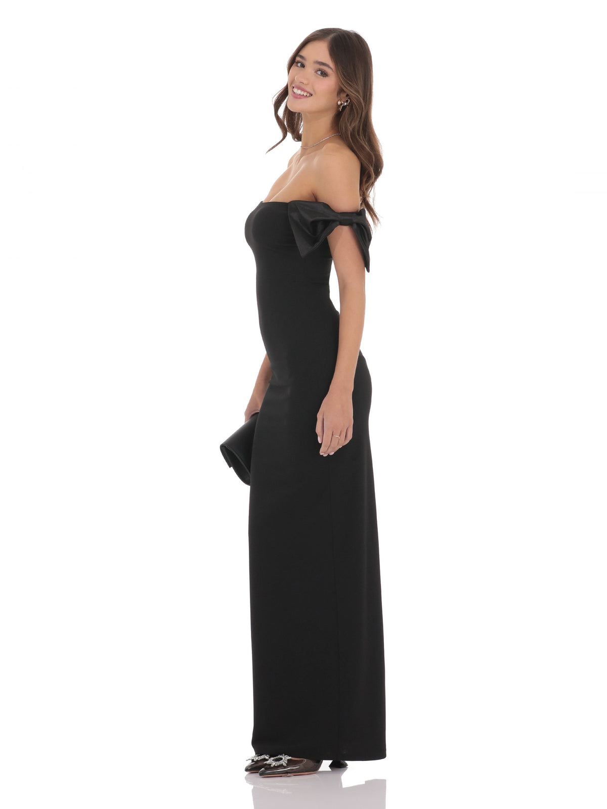 Black bridesmaid dress with structured woven fabric construction and maxi hem