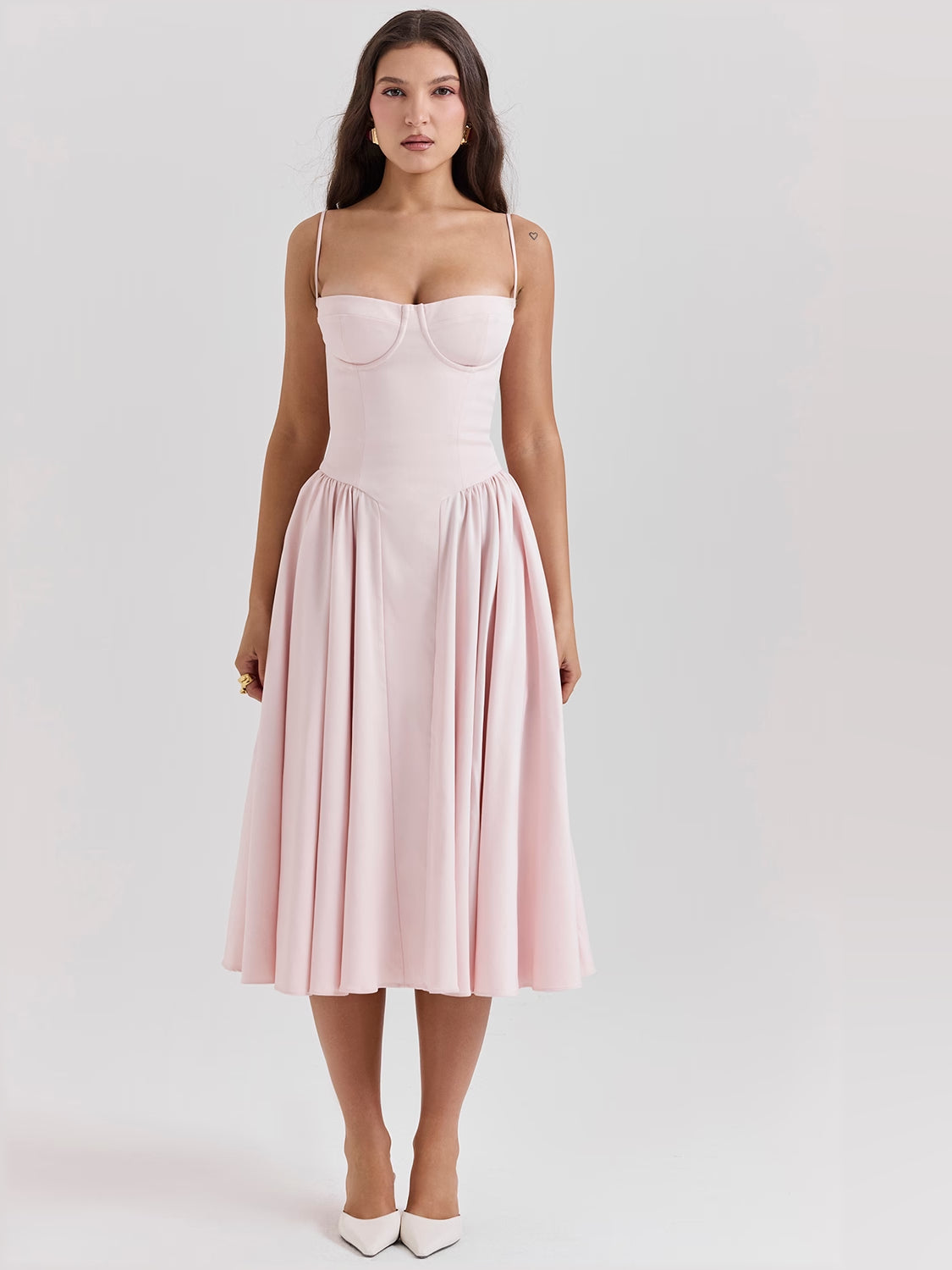Pink corset midi formal dress with straight neckline and pleated mid-length skirt