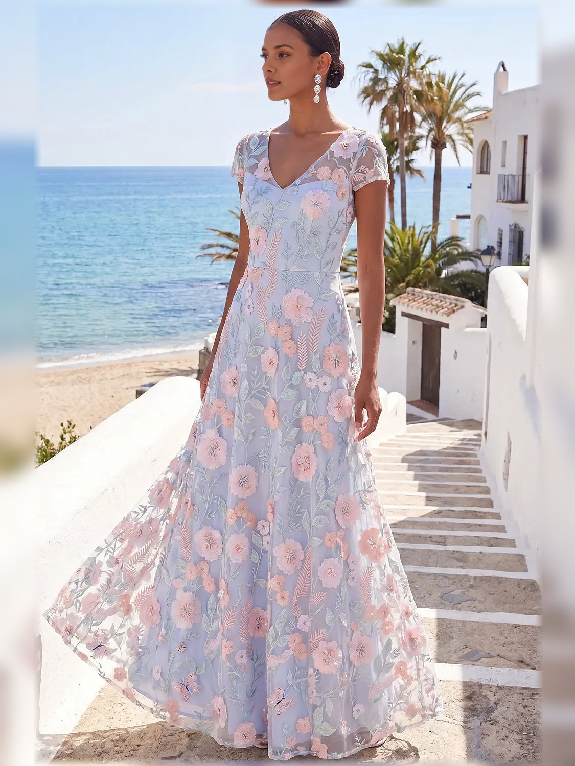 Light blue floral print V-neck maxi dress with short sleeves, side view
