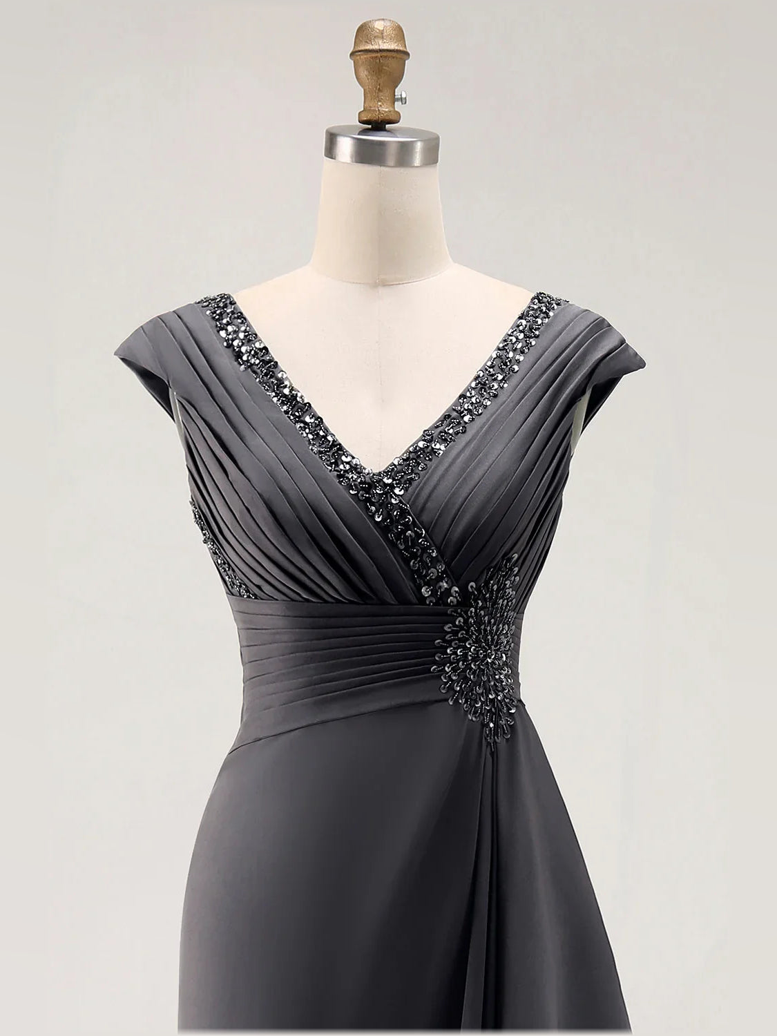 Gray embellished V-neck dress bodice with rhinestone trim and ruched pleats