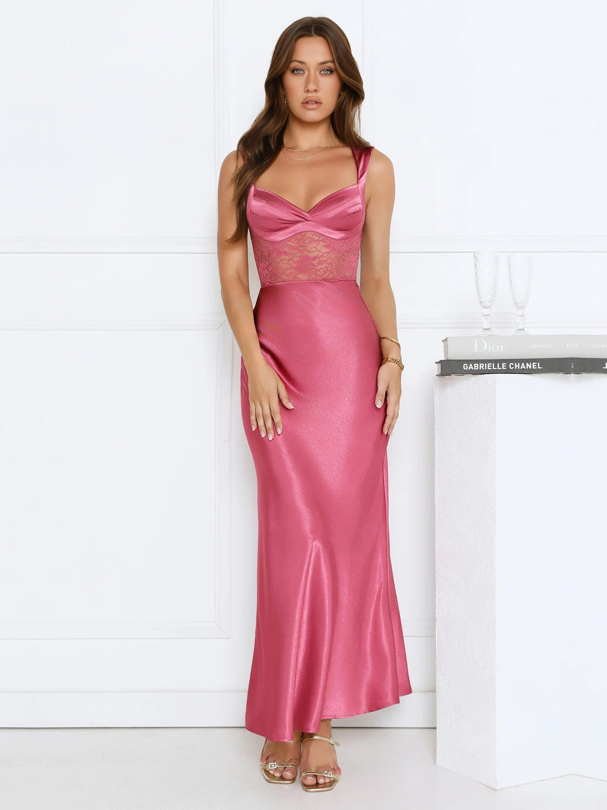 Rose sheath maxi formal dress with cowl neckline, alternate view