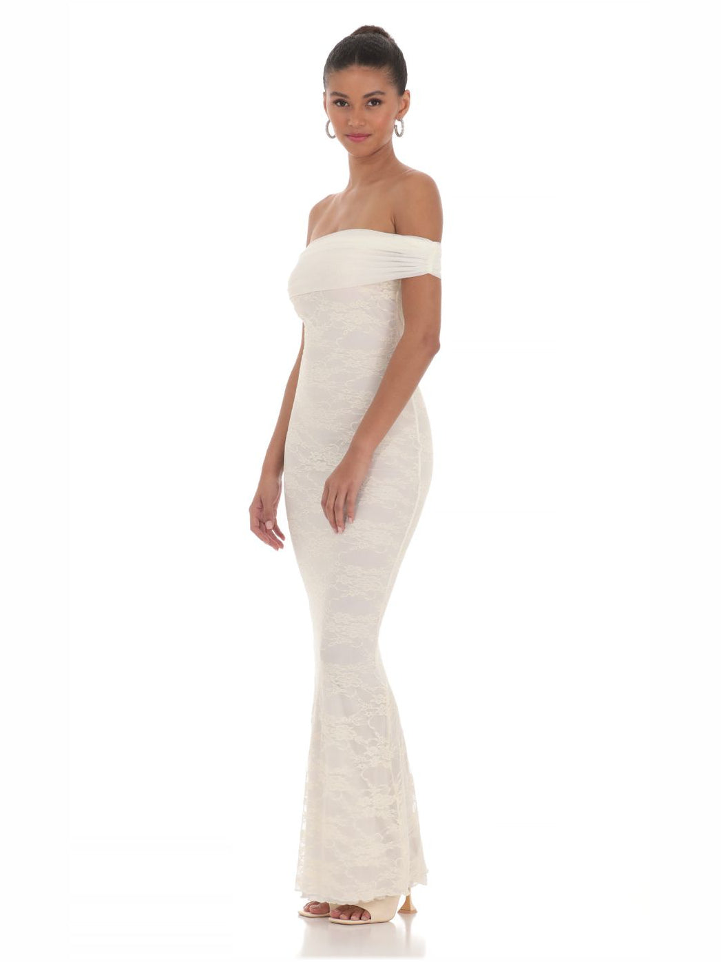 Cream sheath maxi formal dress with off-the-shoulder neckline, alternate view