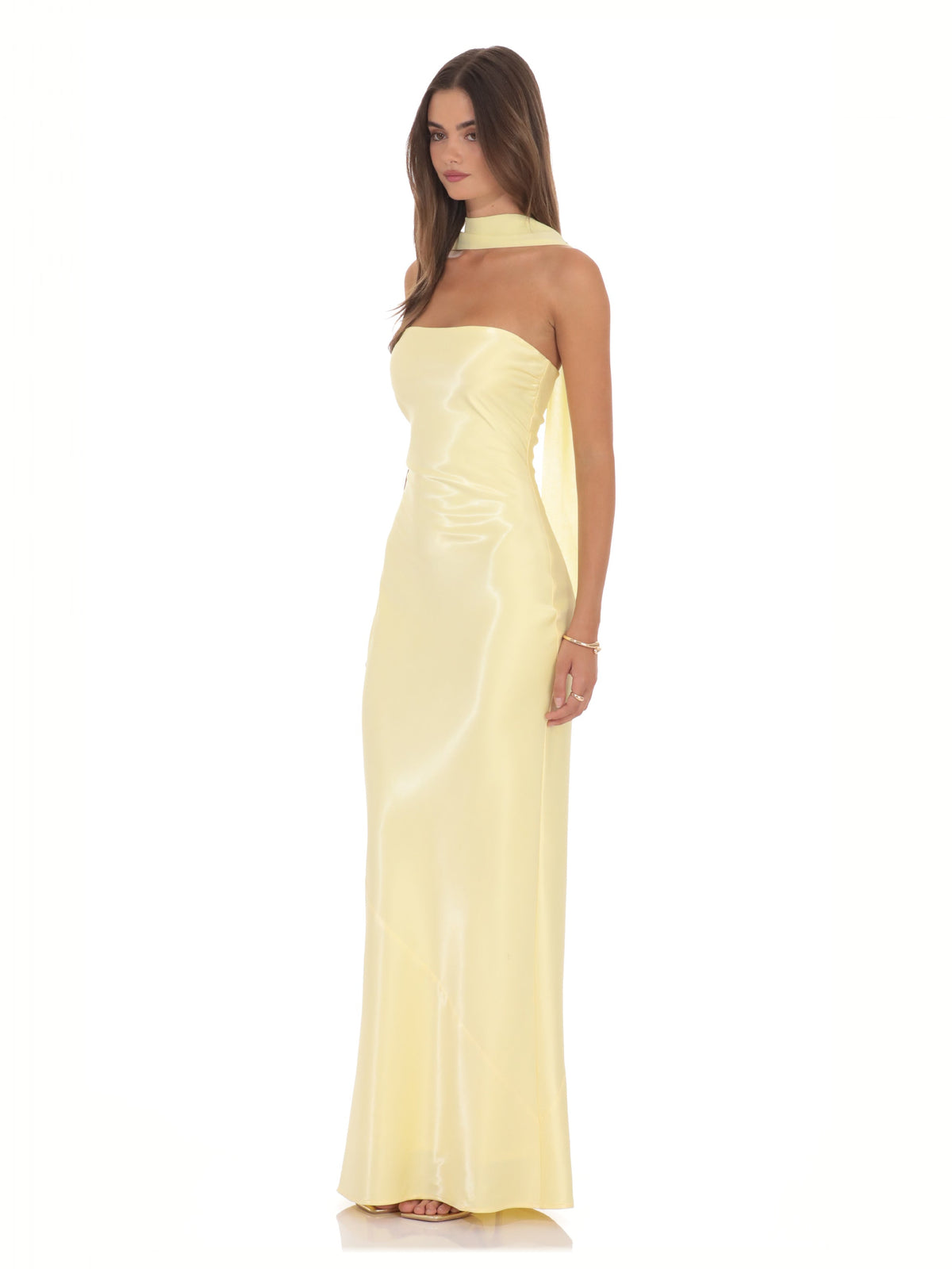 Yellow bridesmaid dress with structured woven fabric construction and maxi hem