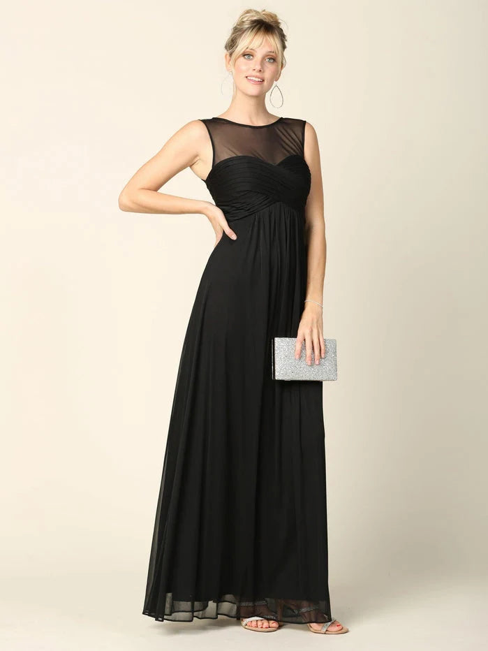 Black chiffon A-line maxi dress with illusion neckline and fitted ruched bodice.