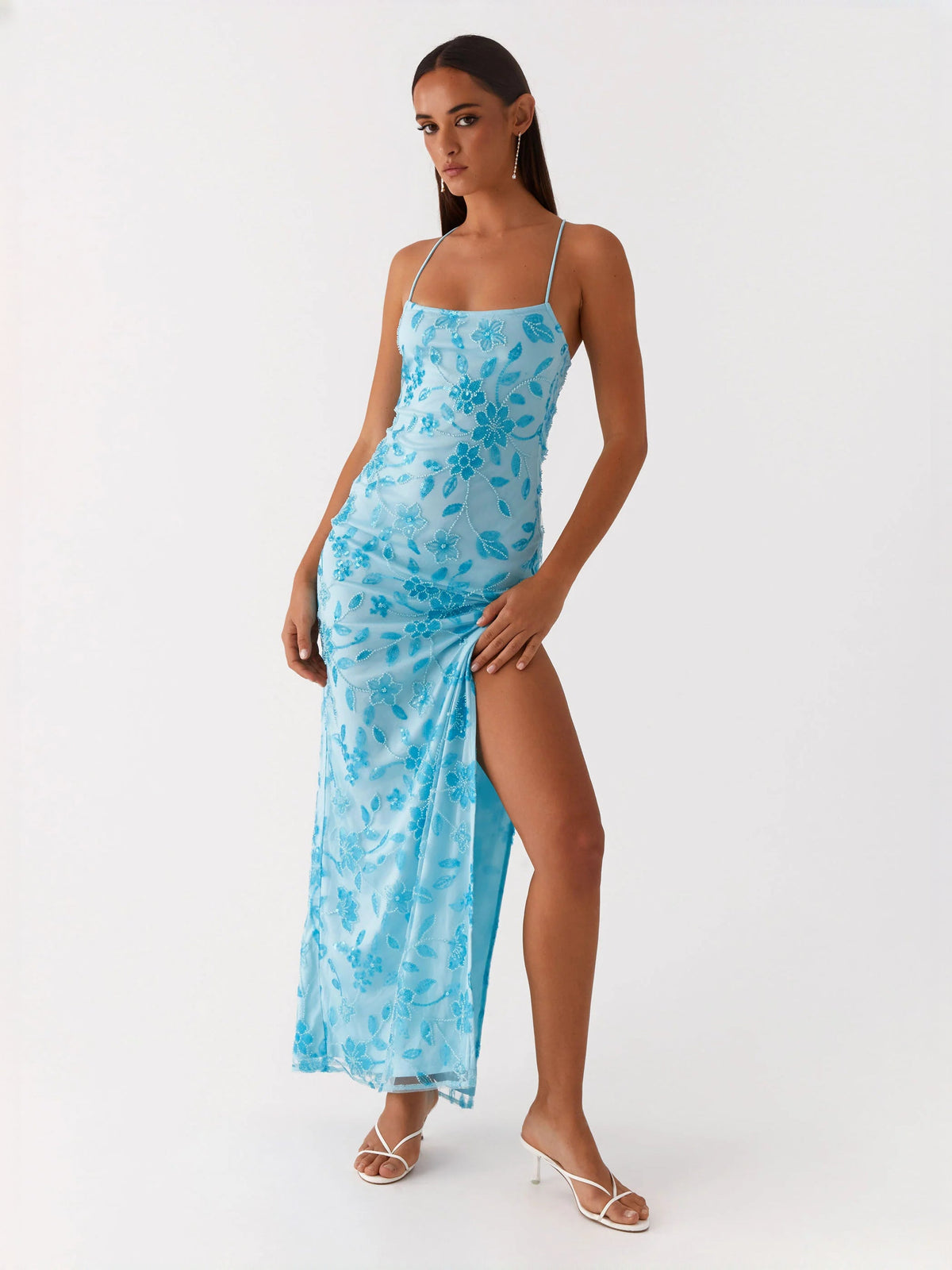 Blue sheath maxi formal dress with floral print, alternate full-length view