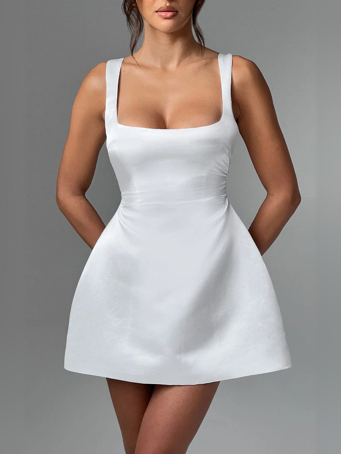 Ivory mini homecoming dress with square neck bodice and flared skirt