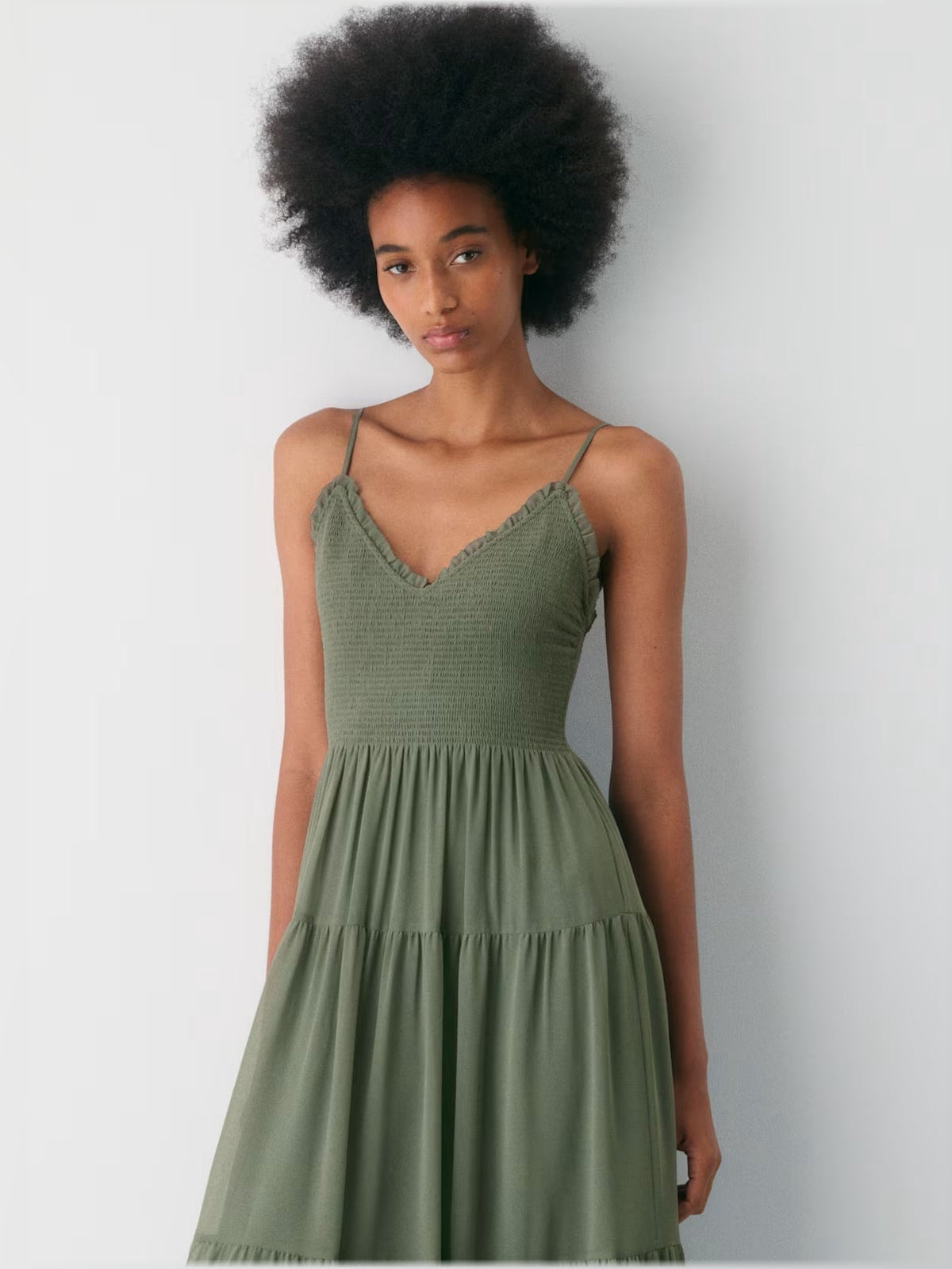 Gold midi formal dress with tiered skirt, alternate view showing the bodice