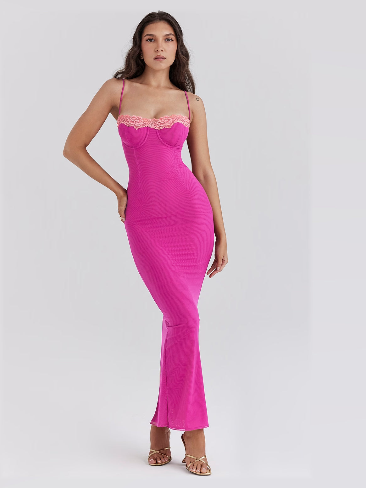 Hot Pink maxi formal dress, alternate full-length view showing the waistline