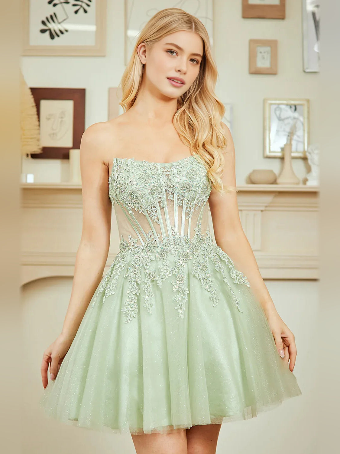 Celadon strapless A-line homecoming dress with beaded details and layered tulle skirt