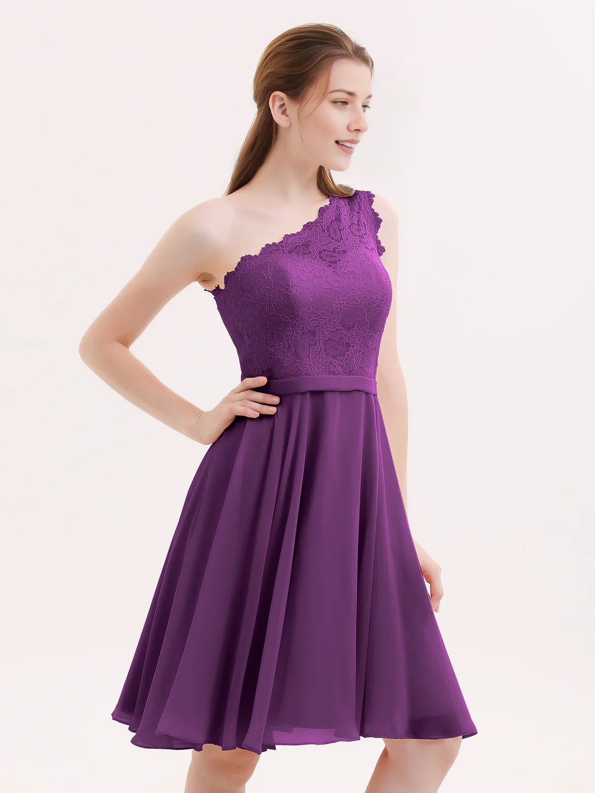 One-shoulder chiffon A-line short dress in grape purple with textured bodice and pleated skirt