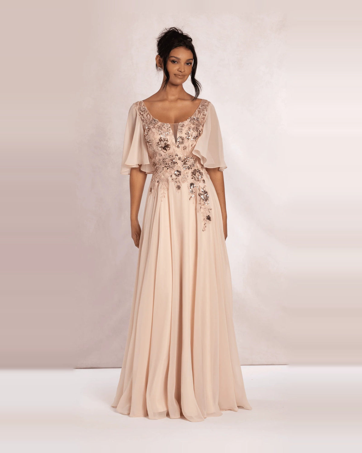 Blush A-line maxi prom dress with sequined bodice and short flutter sleeves