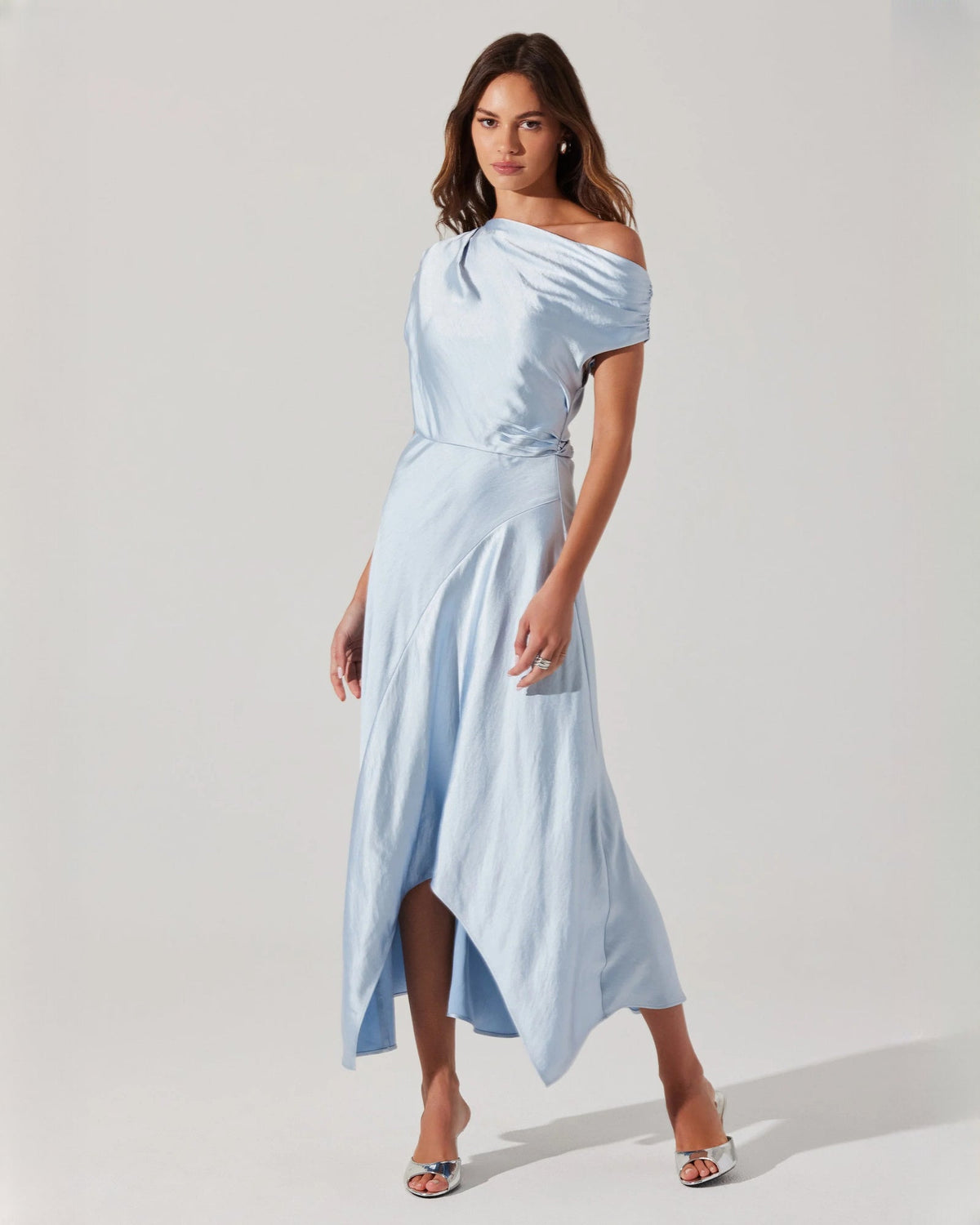 Light blue satin sleeveless A-line midi dress with side slit and gathered waist