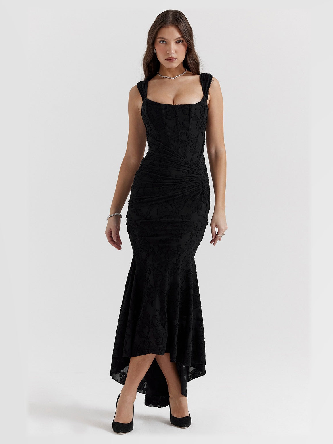 Black Floral maxi formal dress, alternate full-length view showing the waistline