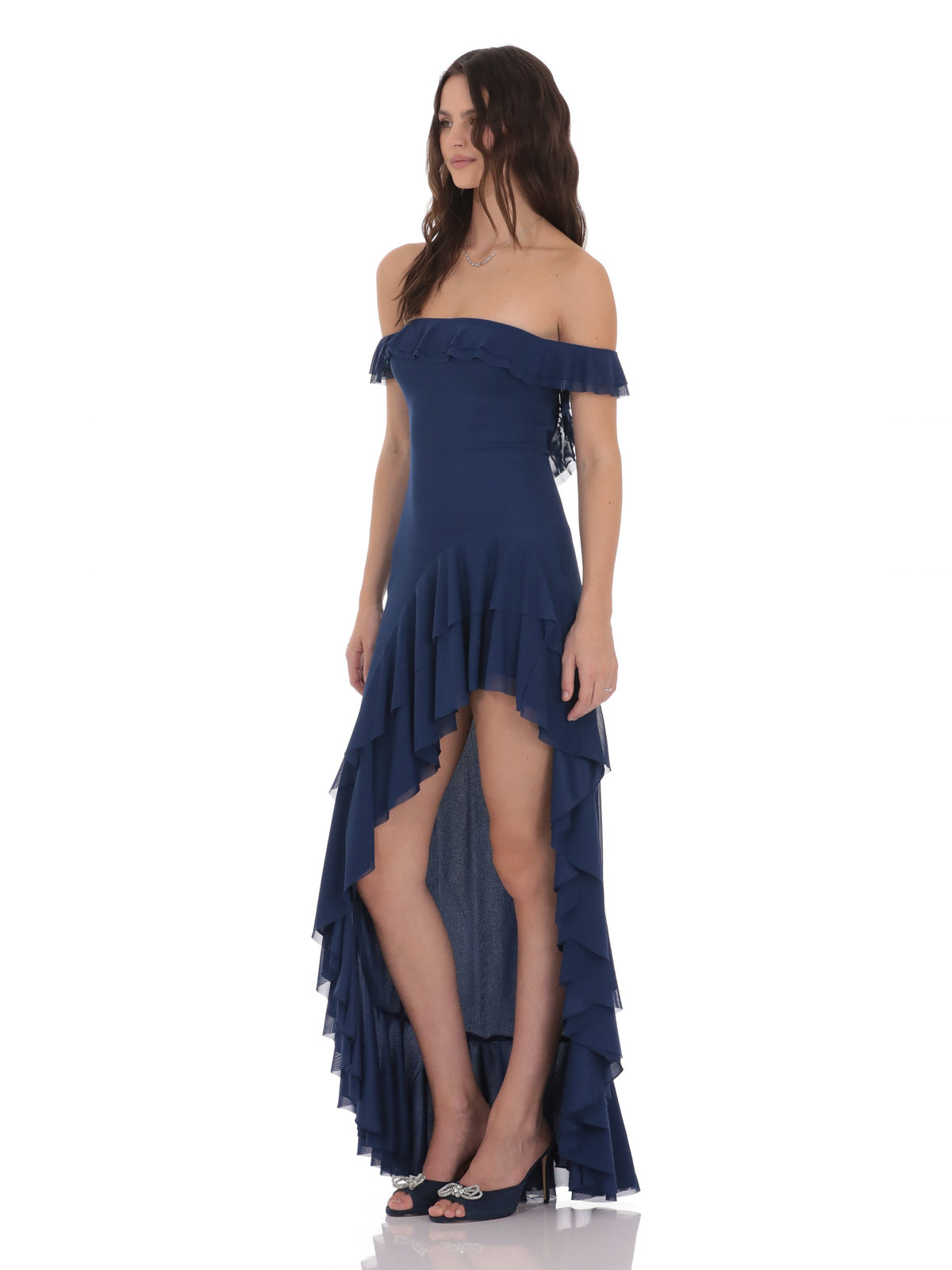 Blue bridesmaid dress with structured woven fabric construction and maxi hem