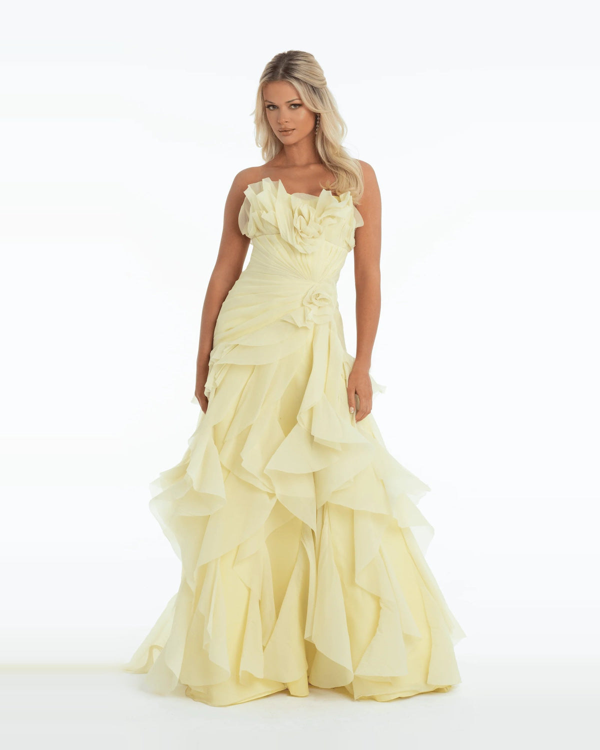 Yellow strapless A-line maxi prom dress with layered pleated ruffle skirt