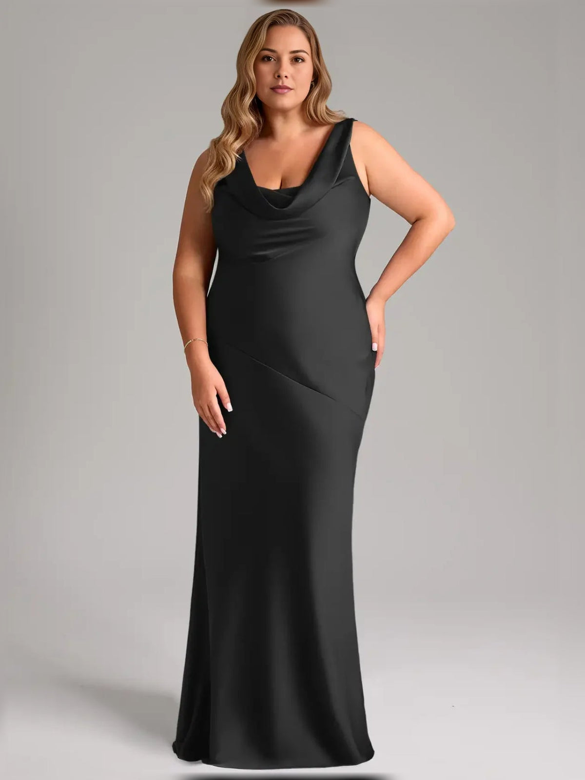 Dark satin cowl-neck floor-length bridesmaid dress with fitted A-line silhouette