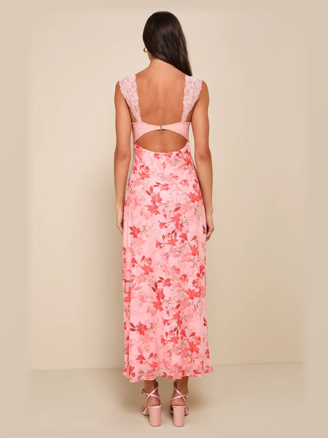 Pink Floral formal dress with mesh construction and maxi hem