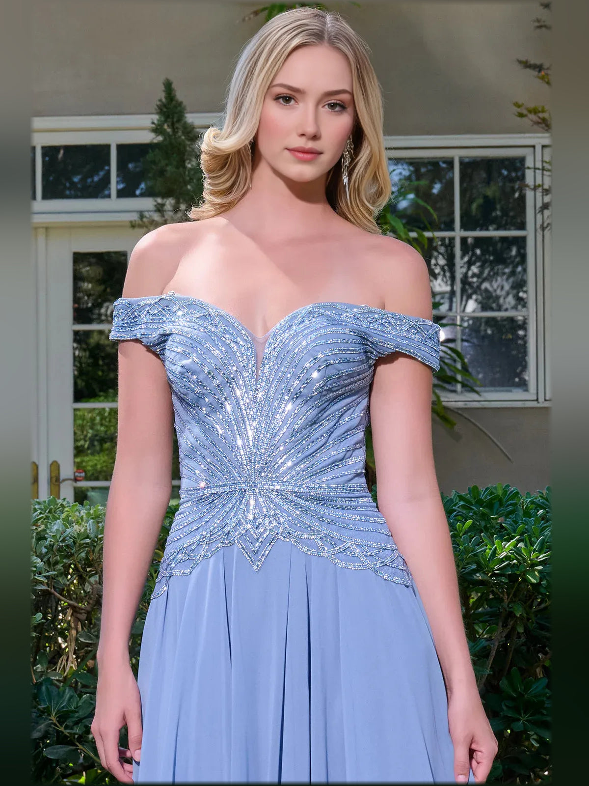 Dusty blue off-shoulder beaded bodice, floor-length formal gown