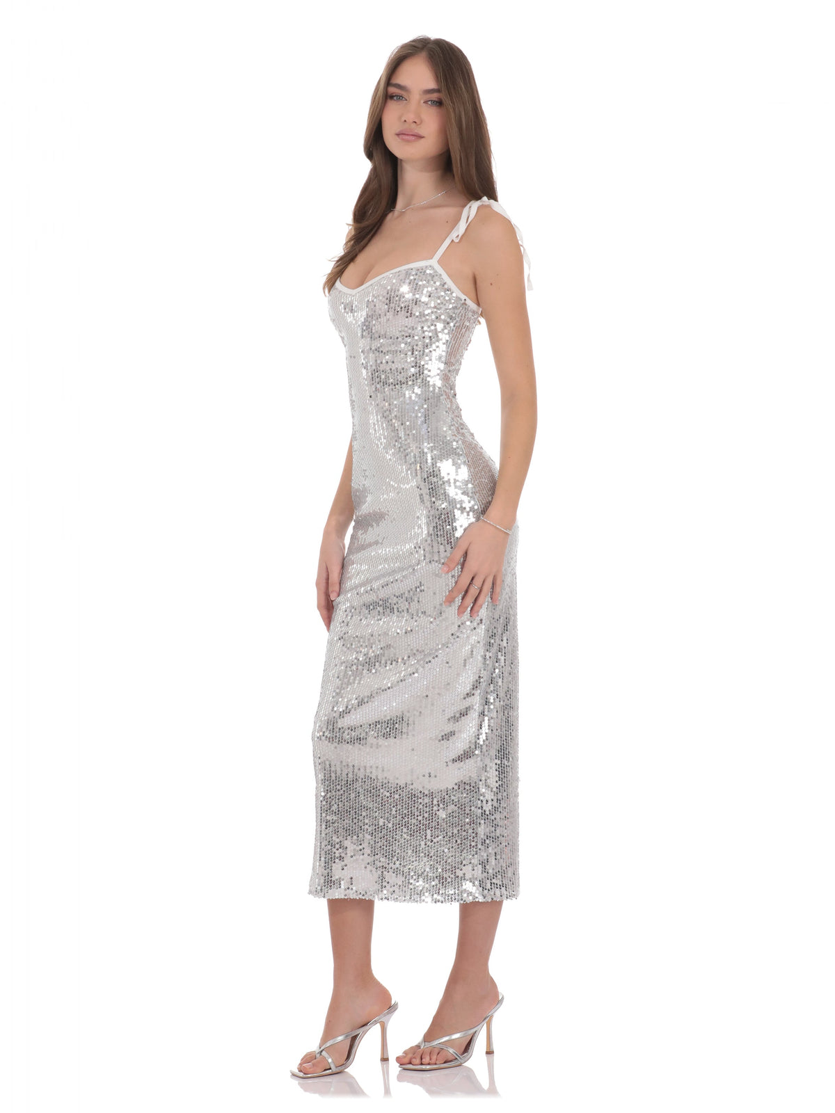 Silver bridesmaid dress with mesh construction and maxi hem