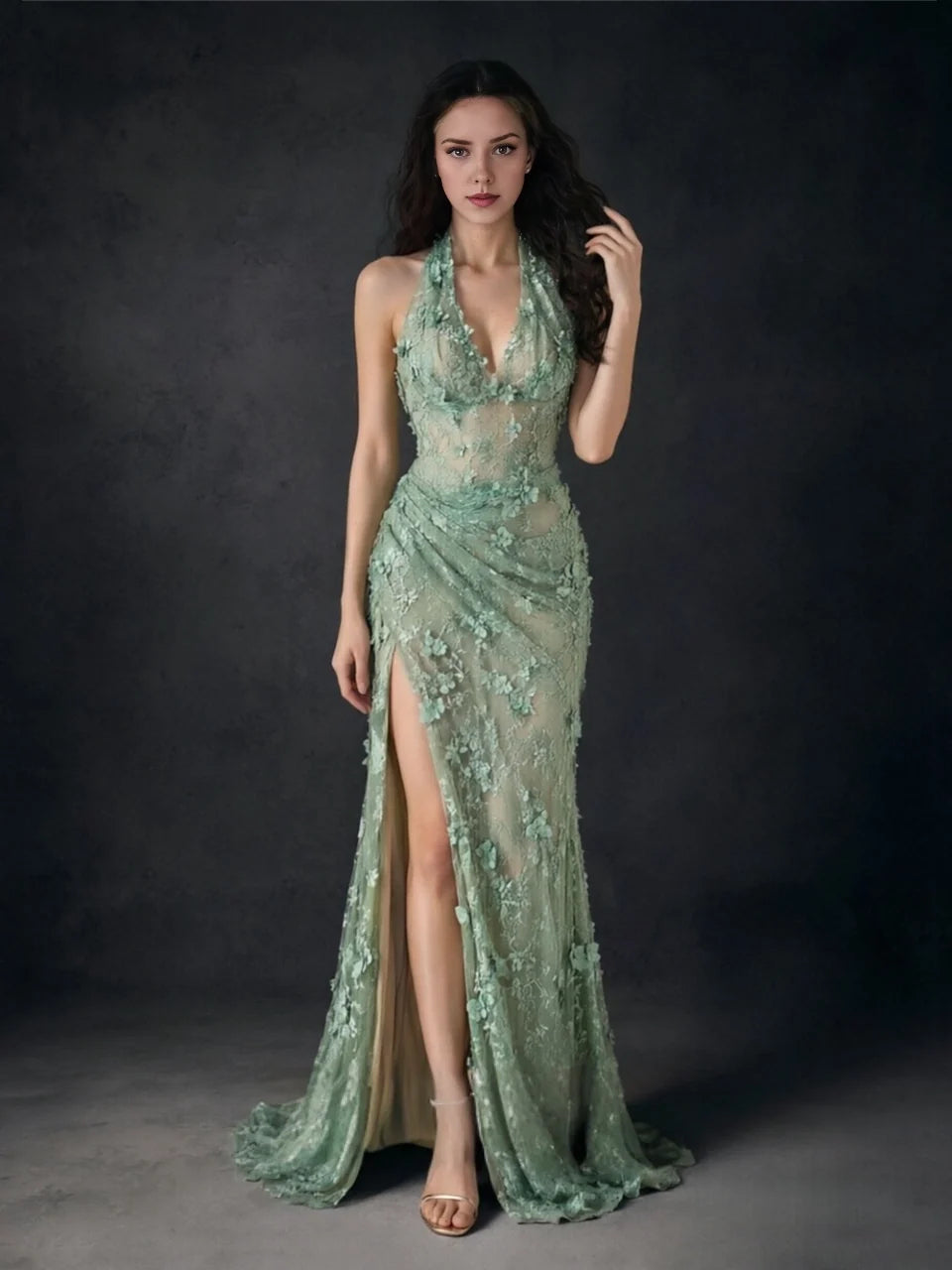 Sage green floral halter-neck formal dress with ruching and front slit