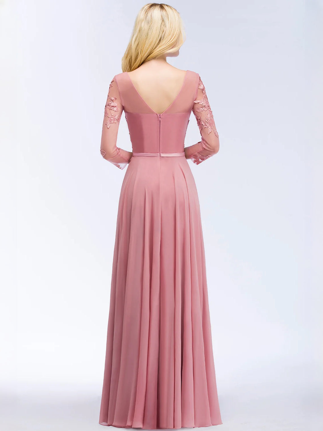 Dusty pink V-back A-line chiffon prom dress with long sheer lace sleeves