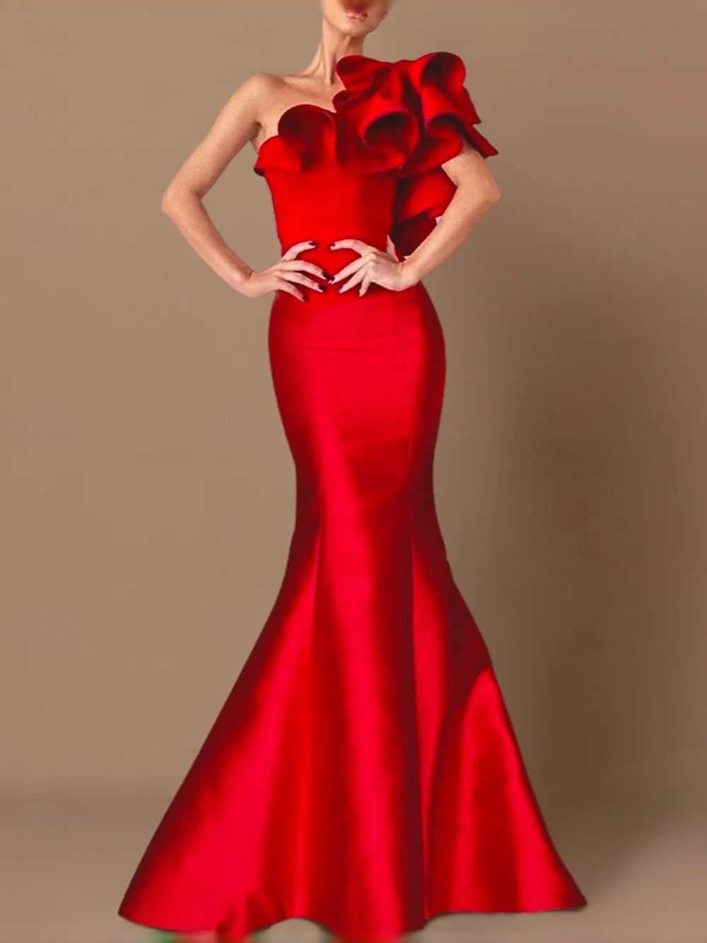 Red satin one-shoulder mermaid prom dress with layered ruffle neckline detail