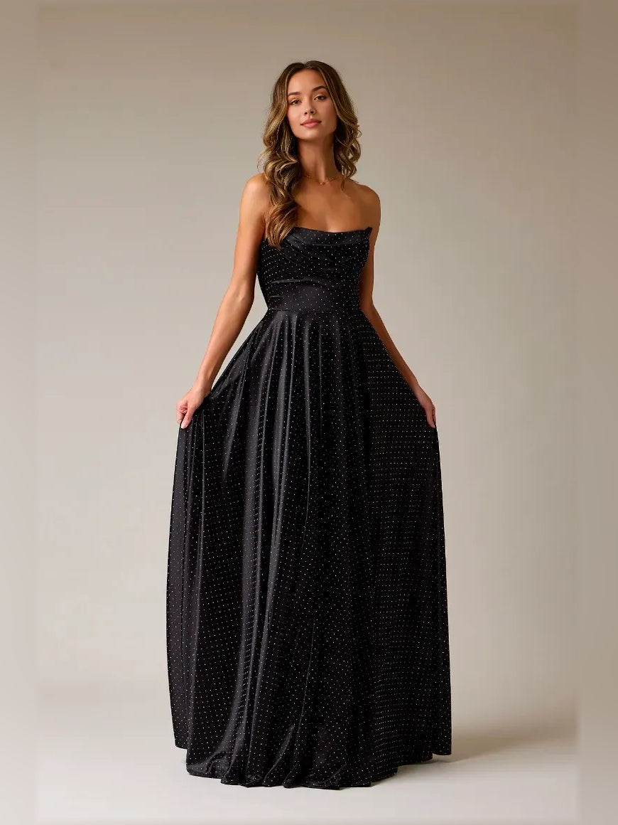 Black strapless A-line satin floor-length formal dress with textured dotted bodice